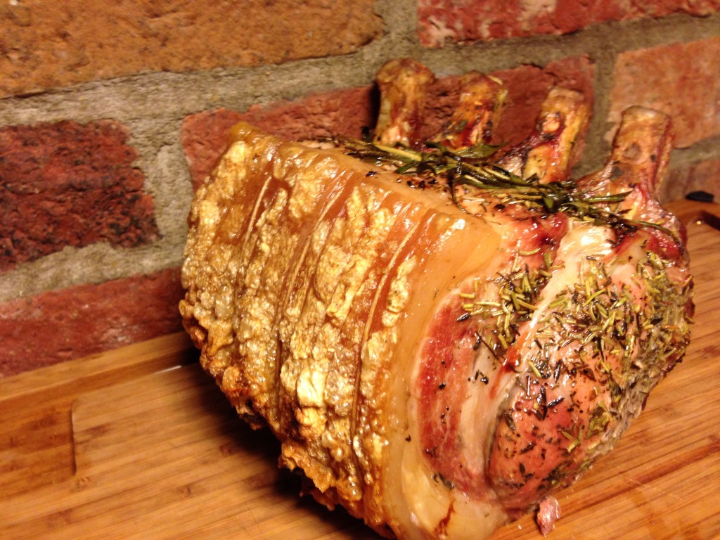 Pork roast with crispy skin after grilling