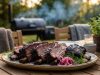 Beef short ribs på offset smoker med espresso-ancho rub och picklad rödlök Plate of smoked beef ribs with pink onion slaw on a wooden outdoor table, grill in the background.