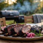 Beef short ribs på offset smoker med espresso-ancho rub och picklad rödlök