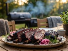 Beef short ribs på offset smoker med espresso-ancho rub och picklad rödlök Plate of smoked beef ribs with pink onion slaw on a wooden outdoor table, grill in the background.