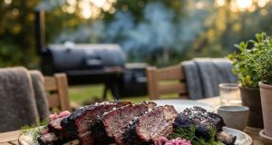 Beef short ribs på offset smoker med espresso-ancho rub och picklad rödlök Plate of smoked beef ribs with pink onion slaw on a wooden outdoor table, grill in the background.