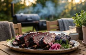 Beef short ribs på offset smoker med espresso-ancho rub och picklad rödlök Plate of smoked beef ribs with pink onion slaw on a wooden outdoor table, grill in the background.