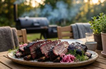 Beef short ribs på offset smoker med espresso-ancho rub och picklad rödlök Plate of smoked beef ribs with pink onion slaw on a wooden outdoor table, grill in the background.