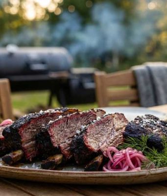 Beef short ribs på offset smoker med espresso-ancho rub och picklad rödlök Plate of smoked beef ribs with pink onion slaw on a wooden outdoor table, grill in the background.