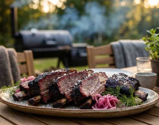 Plate of smoked beef ribs with pink onion slaw on a wooden outdoor table, grill in the background.