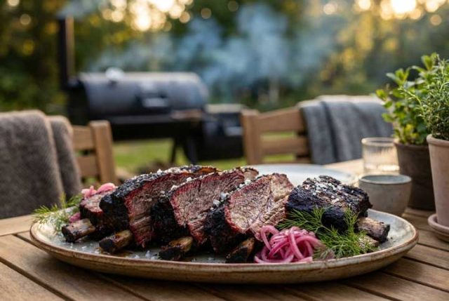 Plate of smoked beef ribs with pink onion slaw on a wooden outdoor table, grill in the background.