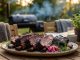 Plate of smoked beef ribs with pink onion slaw on a wooden outdoor table, grill in the background.