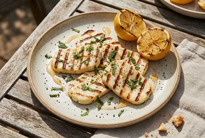 Grillad halloumi med honung, citron och mynta