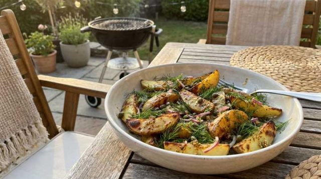 Bowl of roasted potato wedges with dill on a wooden outdoor table, barbecue in the background