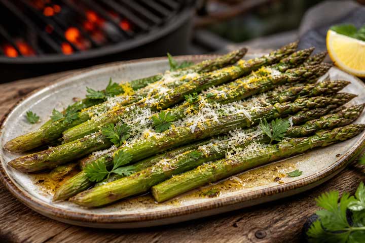 Grillad sparris med citron, parmesan och brynt smör