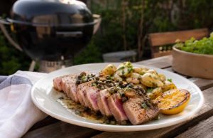 Grillad tonfisk med kapris, brynt smör och sotad citron Plate of sliced seared tuna steak with pink center, roasted potatoes, lemon wedge, and herb garnish on a wooden table outdoors. A grill is in the background.