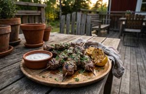 Grillade lammspett med citron, vitlök och oregano