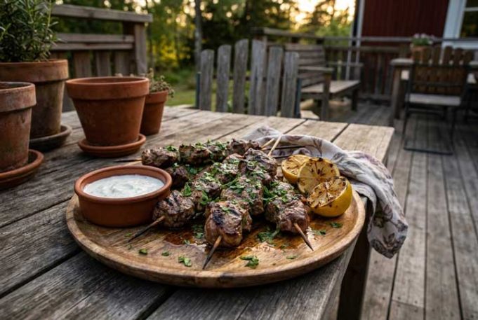 Grillade lammspett med citron, vitlök och oregano
