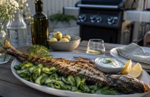 Whole grilled fish on a platter with cucumber salad, lemon wedges, and herb yogurt sauce, on an outdoor table with a grill in the background.