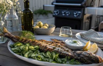 Whole grilled fish on a platter with cucumber salad, lemon wedges, and herb yogurt sauce, on an outdoor table with a grill in the background.