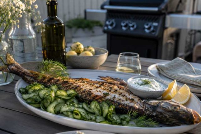 Havsabborre på grillen med gurksallad, dill och pepparrotsyoghurt Whole grilled fish on a platter with cucumber salad, lemon wedges, and herb yogurt sauce, on an outdoor table with a grill in the background.
