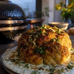 Helgrillad blomkål med currysmör, citronyoghurt och rostade mandlar
