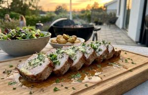 Fläskytterfile med Vitlökssmör och Örter Herb-garnished sliced pork tenderloin on a wooden board, with a side salad and roasted potatoes, outdoor sunset patio.