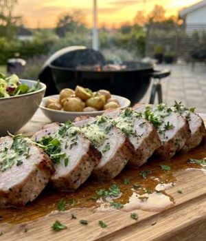 Herb-garnished sliced pork tenderloin on a wooden board, with a side salad and roasted potatoes, outdoor sunset patio.