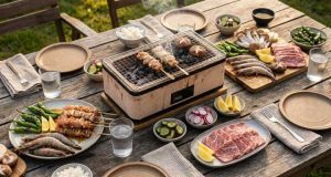 Outdoor picnic-style grill master on a wooden table with skewers cooking; surrounding plates hold meat, fish, vegetables, lemon, and condiments.