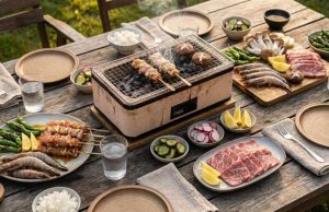 Outdoor picnic-style grill master on a wooden table with skewers cooking; surrounding plates hold meat, fish, vegetables, lemon, and condiments.