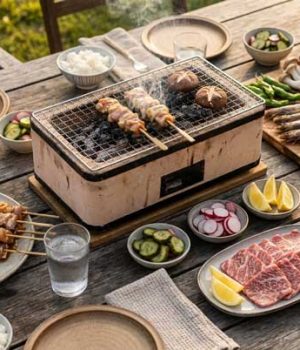 Outdoor picnic-style grill master on a wooden table with skewers cooking; surrounding plates hold meat, fish, vegetables, lemon, and condiments.
