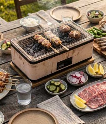 Japansk grillning: stor guide till yakitori, yakiniku, robata och japanska bordsgrillar Outdoor picnic-style grill master on a wooden table with skewers cooking; surrounding plates hold meat, fish, vegetables, lemon, and condiments.