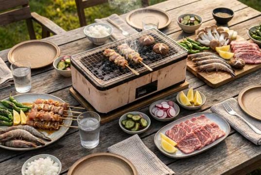 Outdoor picnic-style grill master on a wooden table with skewers cooking; surrounding plates hold meat, fish, vegetables, lemon, and condiments.
