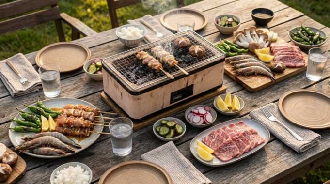 Japansk grillning: stor guide till yakitori, yakiniku, robata och japanska bordsgrillar Outdoor picnic-style grill master on a wooden table with skewers cooking; surrounding plates hold meat, fish, vegetables, lemon, and condiments.