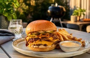 Double-stack cheeseburger with melted cheddar, onions, and pickles on a brioche bun, with fries and dipping sauce on an outdoor table.