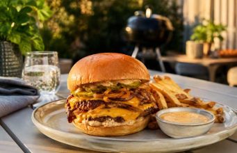 Double-stack cheeseburger with melted cheddar, onions, and pickles on a brioche bun, with fries and dipping sauce on an outdoor table.