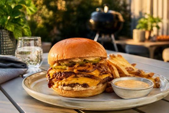 Double-stack cheeseburger with melted cheddar, onions, and pickles on a brioche bun, with fries and dipping sauce on an outdoor table.