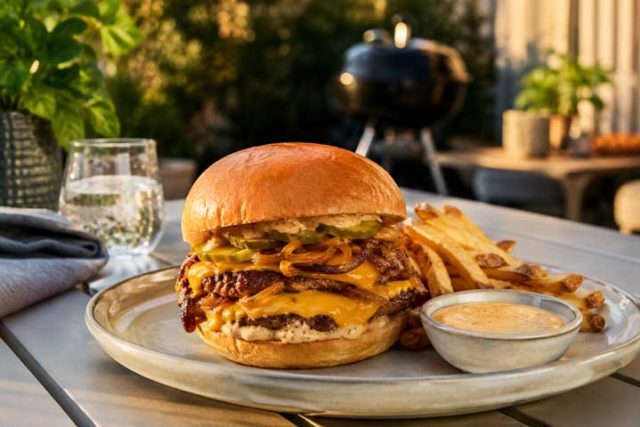 Smashburgare på plancha med rostad jalapeñodressing och senapsstekt lök Double-stack cheeseburger with melted cheddar, onions, and pickles on a brioche bun, with fries and dipping sauce on an outdoor table.