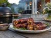 Plate of bacon-wrapped meat rolls with rosemary garnish and dipping sauce on a wooden table, outdoor grill in the background.