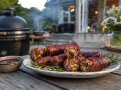 Plate of bacon-wrapped meat rolls with rosemary garnish and dipping sauce on a wooden table, outdoor grill in the background.