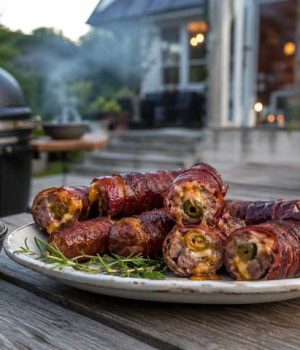 Plate of bacon-wrapped meat rolls with rosemary garnish and dipping sauce on a wooden table, outdoor grill in the background.
