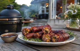 Smoked Shotgun Shells på Kamado Plate of bacon-wrapped meat rolls with rosemary garnish and dipping sauce on a wooden table, outdoor grill in the background.