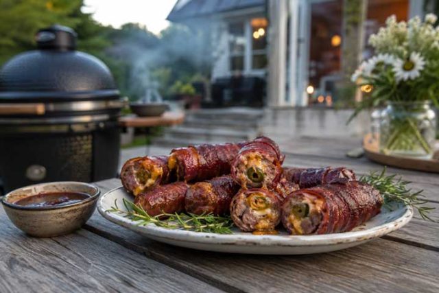 Plate of bacon-wrapped meat rolls with rosemary garnish and dipping sauce on a wooden table, outdoor grill in the background.