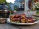 Plate of bacon-wrapped meat rolls with rosemary garnish and dipping sauce on a wooden table, outdoor grill in the background.