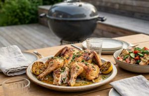 Herb-roasted whole chicken on a platter with lemon wedges on an outdoor wooden table.