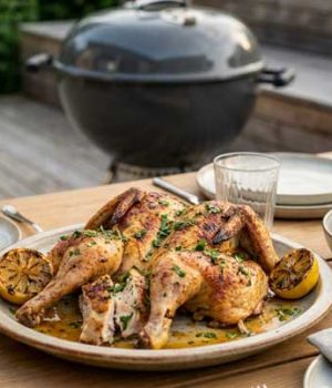 Herb-roasted whole chicken on a platter with lemon wedges on an outdoor wooden table.