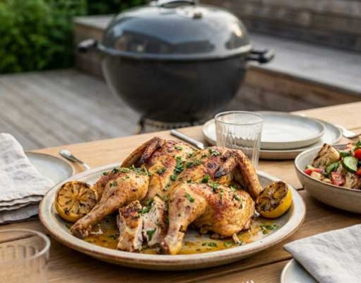 Herb-roasted whole chicken on a platter with lemon wedges on an outdoor wooden table.