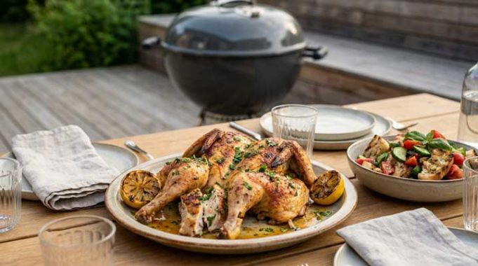 Herb-roasted whole chicken on a platter with lemon wedges on an outdoor wooden table.