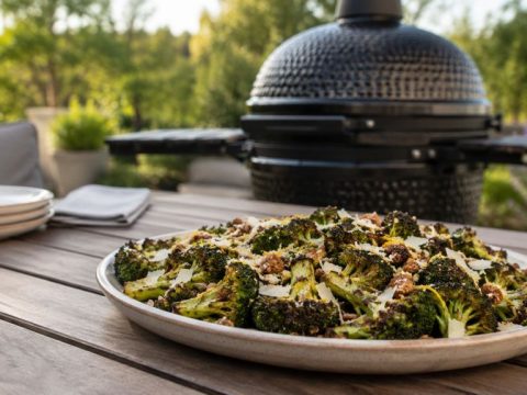 Grillad broccoli med rostad vitlökscaesar och krispigt rågbröd