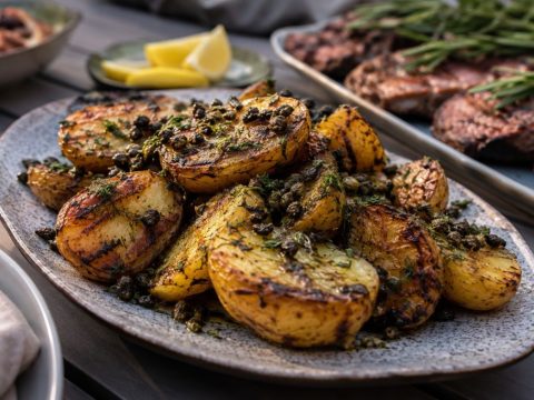Grillad färskpotatis med brynt dillsmör och krispig kapris
