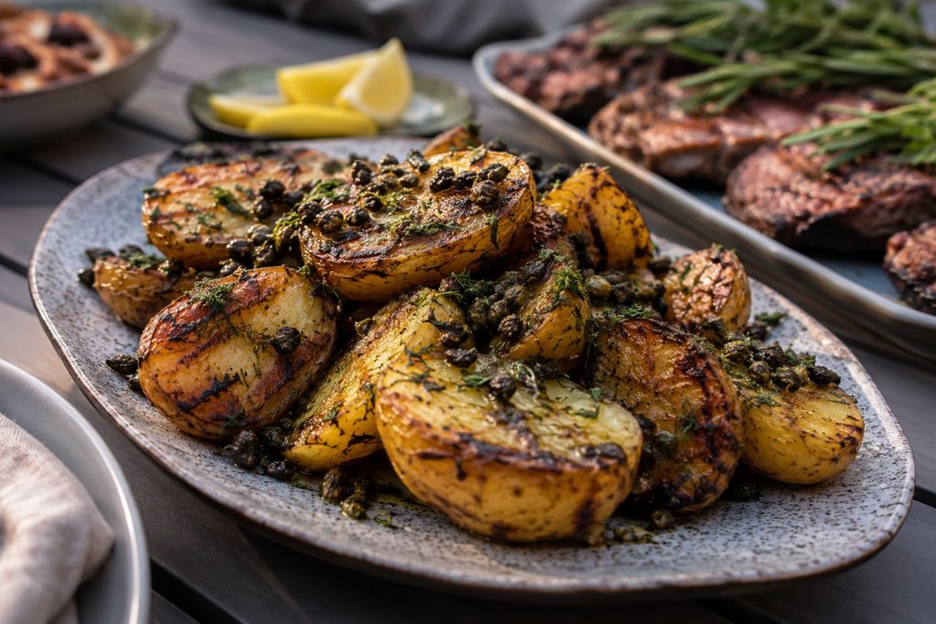 Grillad färskpotatis med brynt dillsmör och krispig kapris