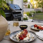 Grillade jordgubbar med rökt vit chokladkräm och mandelcrunch