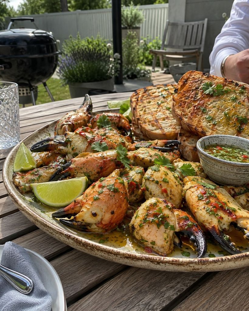 Grillade krabbklor med chili-lime-smör och rostat surdegsbröd