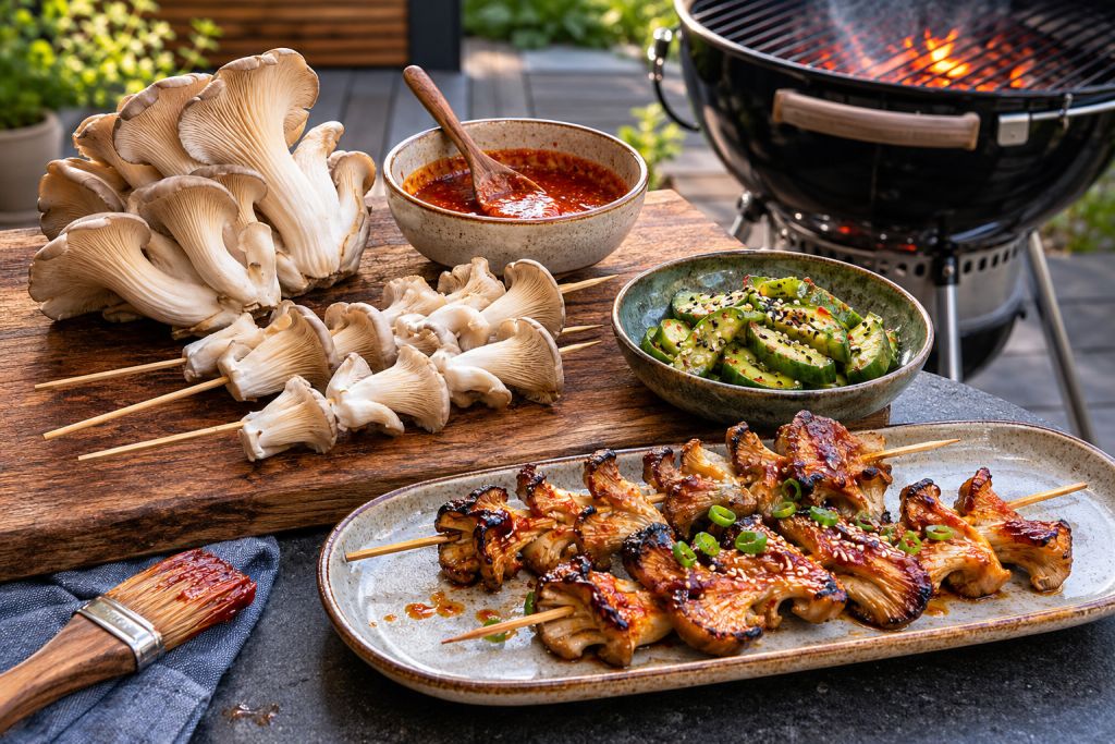 Grillade ostronskivlingsspett med gochujangsmör och sesamgurka
