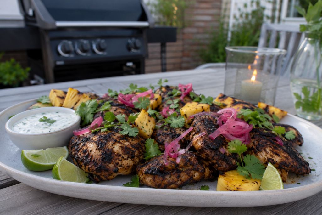 Jerkmarinerad kycklinglårfilé på grillen med grillad ananas och limeyoghurt